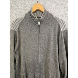 Banana Republic‎ Cardigan Sweater Men's L Gray Ribbed Zip Elbow Patches Grandpa